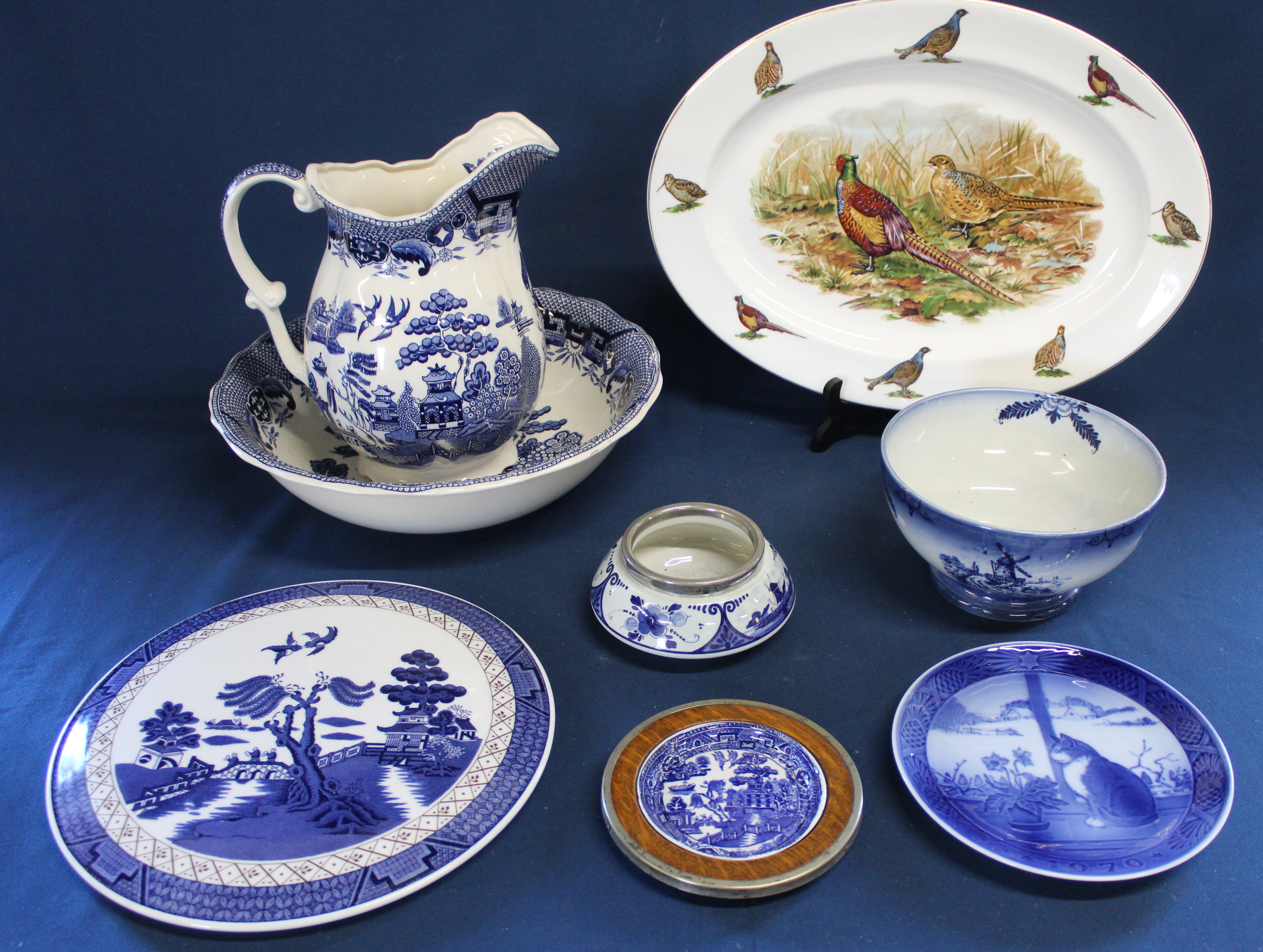 Willow pattern jug & bowl, Royal Doulton Booth's Real Old Willow cheese plate & similar butter dish,