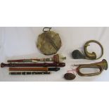 Musical instruments including tambourine, recorder, copper and brass bugle, shaker, Constanta