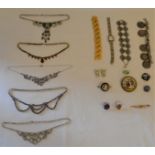 Selection of costume jewellery, including various necklaces, enamel and porcelain brooches, silver