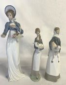 3 Lladro figures - 'Girl With Lamb' 4505, 'Girl With Lamb' 4584 with cracks/repair and 'A Flower For