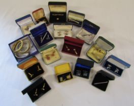 Collection of cuff links and tie clips includes Pierre Cardin tie clip and pin, Tie Rack tie clip