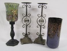 Pair cast iron candle stands, glitter vase and candle stand with mosaic shade