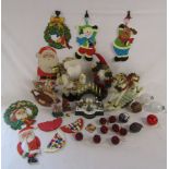 Christmas decorations includes glass baubles, decorative rocking horses, vintage wall hangers,