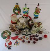 Christmas decorations includes glass baubles, decorative rocking horses, vintage wall hangers,