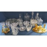 Selection of glassware including decanters, dome, dressing table set etc.