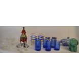 Selection of glassware includes cups, sherry glasses, Crown Devon green dog, miniature samovar