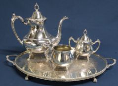 Oneida Plate 3 piece tea service on silver plated Craftsmen tray