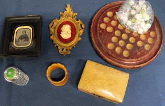 Solitaire board & marbles, Victorian photograph, cut glass dressing table bottle with silver lid,