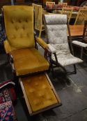Victorian upholstered open armchair with retractable foot rest & an upholstered deck chair