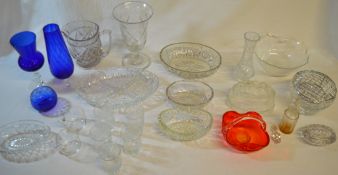 Selection of glassware, including coloured glass, cups, vases, dishes, jug, etc