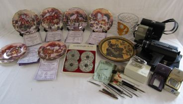 Royal Doulton Christmas plates, silver plate table coasters, cut glass ice bucket, Ronson