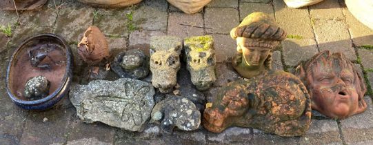 Collection of small garden ornaments in terracotta, concrete & metal