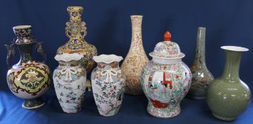 20th century Chinese temple jar, pair of hand painted sack vases, Chinese celadon vase etc.