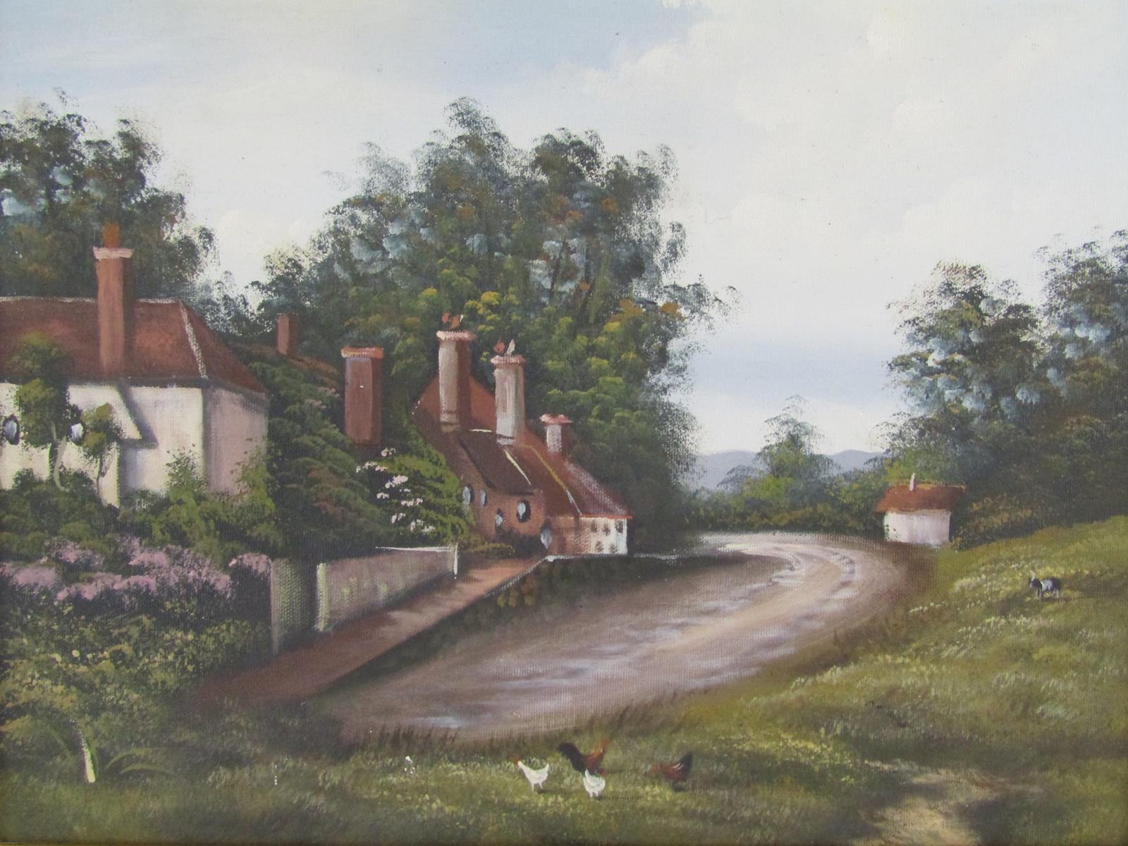Framed oil on board, unsigned, depicting country road and cottages - approx. 49.5cm x 39cm
