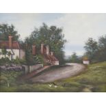 Framed oil on board, unsigned, depicting country road and cottages - approx. 49.5cm x 39cm