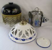 Blue and white ceramic fret cut ceiling light with ceiling cover, metal and iridescent glass ceiling