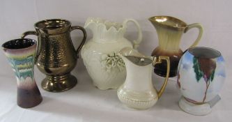 West German 524 Jasba jug, Prinknash 2 handled vase, cream basket weave design jug, Devon ware