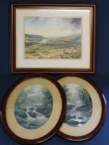 Pair of oval framed prints depicting Thornton Ghyll Ingleton 38.5cm x 49cm & framed pastel /