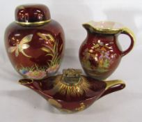 Carlton Ware 'Rouge Royale' oil lamp design table lighter, hand painted ginger jar with reeds and