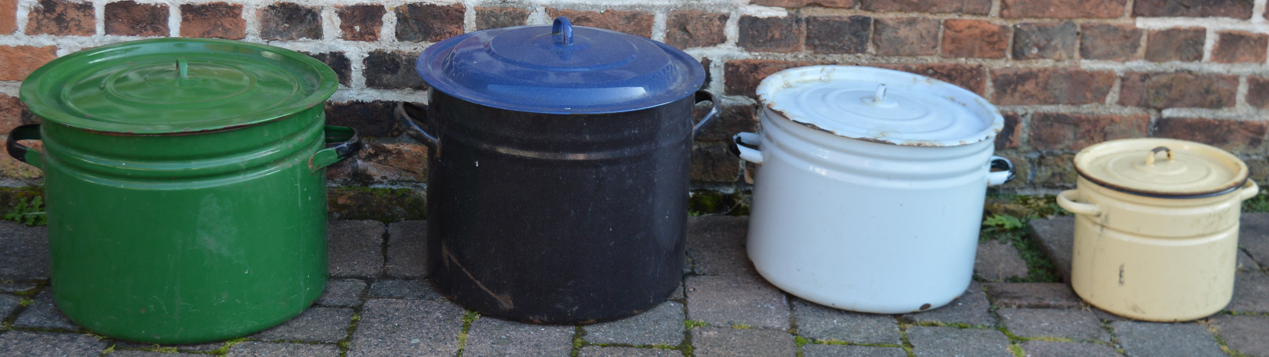 3 large enamel cooking pots and one smaller