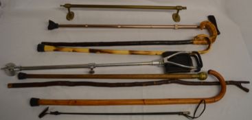 6 walking sticks, shooting stick, riding whip and a brass hand rail