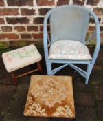 2 footstools, child's painted woven chair