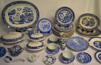 Large selection of blue and white ceramics, including Spode, Foley ware, etc