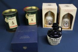 4 commemorative Bell's Scotch Whisky decanters (Christmas 1988 / 1989, 60th Birthday Queen Elizabeth