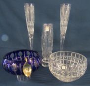 Uri Geller by Dickenson crystal blue bowl with stand and bent spoon, Marquis by Waterford crystal