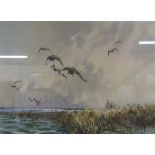 Framed John P Cowan pencil signed print Geese over Water - Frost and Reed label to rear, National