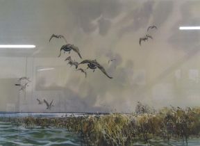 Framed John P Cowan pencil signed print Geese over Water - Frost and Reed label to rear, National