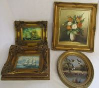 Two maritime prints including one after W.Webb, oval oil on canvas of ducks, floral still life oil