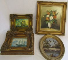 Two maritime prints including one after W.Webb, oval oil on canvas of ducks, floral still life oil