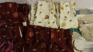 3 pairs of embroidered curtains and a quantity of crocheted doilies etc