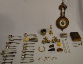 Cutlery, barometer, glass trinket box, shells, Bruxelles figure, bell, leather bound prayer book,