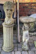 Classical head on a column garden ornament & a figural bird bath