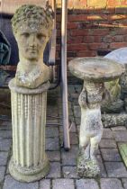 Classical head on a column garden ornament & a figural bird bath