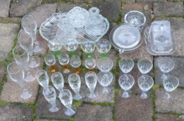 Box of glass ware, including a dressing table set, butter dish & drinking glasses