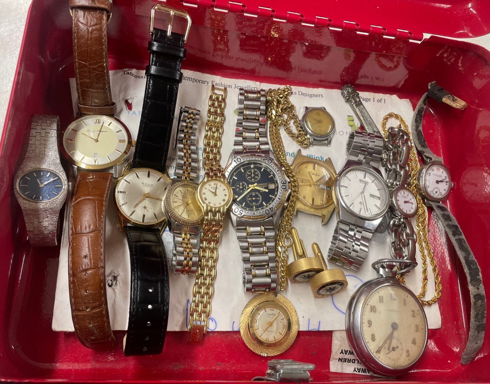 *AMENDED DESCRIPTION* Metal cash box containing various watches such as Seiko, Rone, Rotary and a