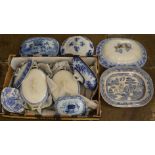 Selection of blue & white crockery including tureens, tureen lids & a Willow Pattern meat dish