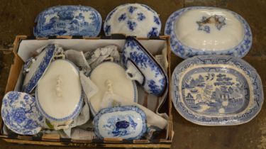 Selection of blue & white crockery including tureens, tureen lids & a Willow Pattern meat dish