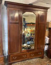 Large Edwardian wardrobe with parquetry inlay & a mirror door Ht 207cm W 159cm D 51cm