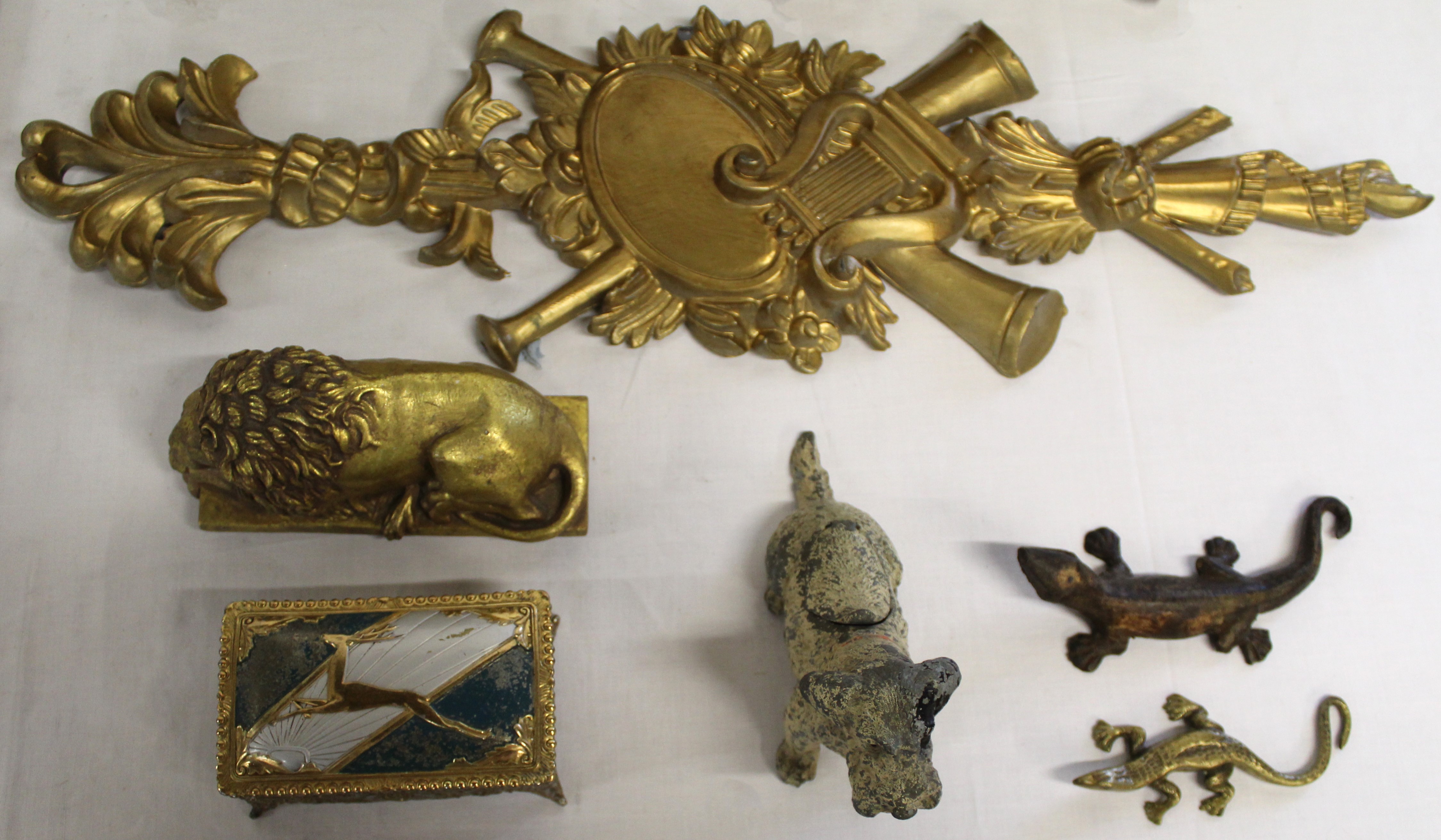 Picture frames, music box with stag design, painted terrier, ornate picture frames, brass lizard and - Image 3 of 6