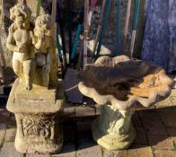 Cherub on a plinth garden ornament & a scallop bird bath