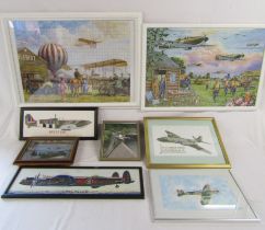 'Scramble' and 'Early Flight' framed jigsaws, aviation cross-stitch and other pictures
