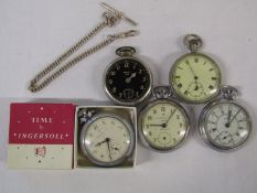 5 pocket watches Ingersoll triumph, Services, Westclox DAX black face etc also a white metal watch