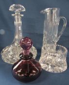 Crystal ships decanter, wine bottle holder, water jug and small purple glass decanter