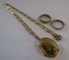 9ct gold locket with yellow metal chain, 9ct gold eternity ring with clear stones, ring size K/L,