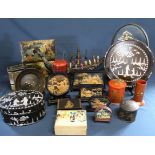 Selection of lacquered ware, decorative tins, set of Chinese fortune sticks, Asian buffalo horn