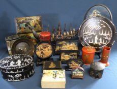 Selection of lacquered ware, decorative tins, set of Chinese fortune sticks, Asian buffalo horn